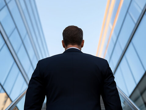 Business professional ascends towards success, urban landscape, symbolizes ambition and forward movement. Modern architecture in background.