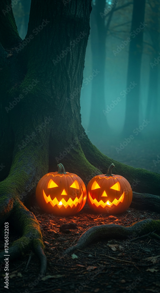 Poster two illuminated jack-o'-lanterns sit at the base of a mossy tree in a misty forest, creating a spook