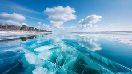 Frozen icy lake with cracked surface reflecting sky and clouds representing winter landscape cold environment and natural frozen beauty, Generative AI