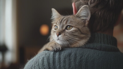 Cat sitting on owner’s shoulder