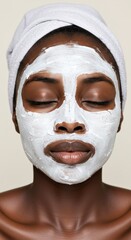 Fototapeta premium A woman with a white cosmetic mask applied, symbolizing skincare, relaxation, and beauty care. Perfect for spa, wellness, and self-care concepts.
