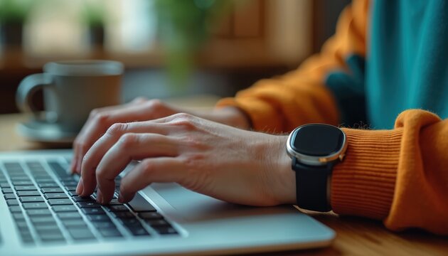 Close-up of hands typing on laptop keyboard, wearing smartwatch. Person working studying online, writing emails, communicating, boosting productivity. Modern freelance lifestyle, business, home