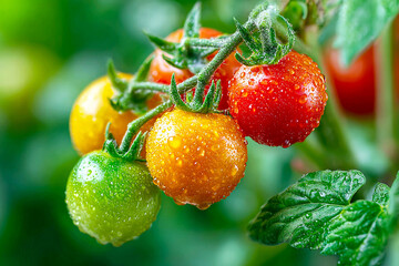 Vibrant cherry tomatoes on vine, water droplets, showing stages of ripeness: green, yellow, red. Fresh, organic garden produce, healthy food, natural agriculture, close-up, summer harvest