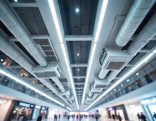Obraz premium Spacious mall interior advanced ceiling air conditioning units, ventilation ducts. Bright, modern architecture with clean lines, integrated lighting creates comfortable, controlled retail environment