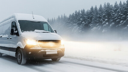 A white delivery van drives on a snow-covered road through a winter forest during a heavy snowfall
