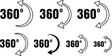 360 degree rotation icons vector illustration, full circle arrow symbol set, complete turn design, spin and rotate graphic, circular motion clipart