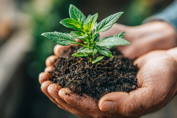 Person's hands gently holding a vibrant green plant sprout with rich soil, symbolizing new life, growth, nature, environmental care, and sustainability, close-up.