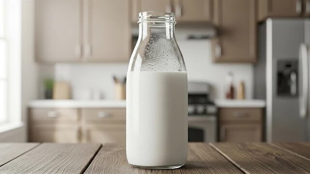 A glass bottle of milk with condensation on a wooden table in a blurred kitchen background