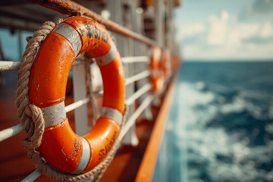 Orange lifebuoy on a ship's railing, calm ocean and blue sky background, safety equipment, boat travel, maritime adventure, sea voyage, summer vacation, water sports, peaceful journey, cruise. - Powered by Adobe