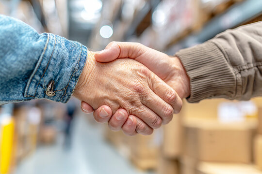 Business handshake, professional agreement, partnership in a blurred warehouse, logistics, supply chain, retail, successful deal, collaboration, trust, commercial transaction concept.