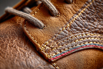 Rich brown leather shoe texture, intricate golden stitching, detailed shoelaces, rugged footwear macro shot, authentic fashion material, craftsmanship background, durable style, earthy tones