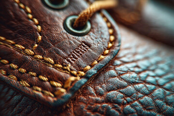 Detailed brown leather shoe macro, rich texture, precise stitching, metal eyelets, rugged footwear, vintage style, authentic craftsmanship, material background, fashion detail