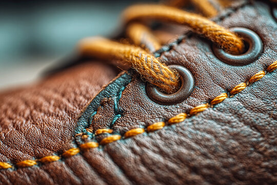 Detailed macro shot of brown leather shoe, orange laces, eyelet, intricate stitching, rich texture, high-quality footwear, rustic style, fashion detail, material background