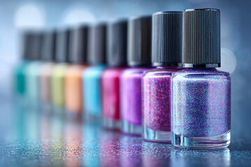 Vibrant glitter nail polish bottles in a colorful row, offering a sparkling array of shades for beauty, fashion, and glamour. Perfect cosmetic product for manicure trends.