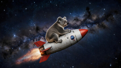 Koala reist auf Rakete durch das Universum – Cooles Wallpaper – Abstraktes Fantasie Hintergrundbild