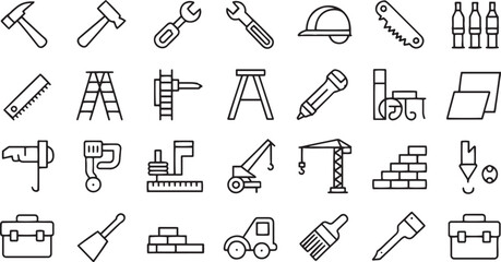 Construction tools and equipment line art icons hammer wrench
