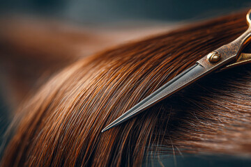 Professional golden hair shears resting on healthy, rich brown hair, ideal for beauty salon, hairstyling, haircut, and elegant hair care content.