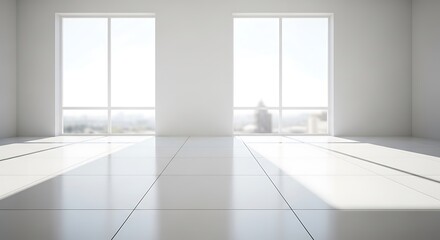 Bright modern empty room interior with large windows and sunlight streaks
