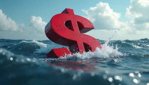 Red dollar sign partially submerged in choppy water. Financial instability, economic downturn, market crisis, investment risk. Represents debt, business challenges, uncertainty in global banking.
