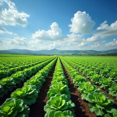 Vast farmland landscape with rows of vibrant green vegetable crops under clear blue sky with fluffy clouds. Rolling hills, mountains form background, bathed in sunlight. Serene countryside scene
