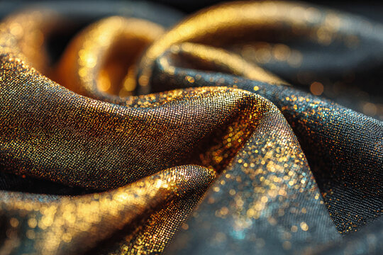 Shimmering gold and dark blue fabric texture, abstract bokeh background, luxurious glitter, elegant textile design, festive celebration backdrop, opulent material, modern sparkle