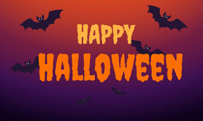 Vector banner for a happy Halloween with black bats in the background and bright orange lettering. Card template with a purple background in a classic holiday style