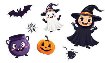 Cute Halloween vector illustration with witch, ghost, pumpkin, bat, spider, cauldron, web and holiday decorations on white background. Perfect for kids design, party invitation, pattern