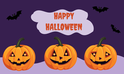 Happy Halloween template with bats, glowing jack-o-lanterns on dark purple background. Spooky holiday celebration design with text. Vector illustration, pumpkin