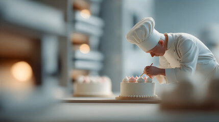 Man chef decorating cake with meringue topping. Professional baker at work. Culinary art and confectionery concept for bakery.
