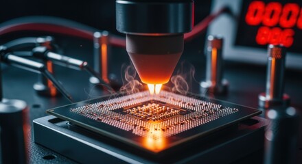 Detailed image of a cryptographic hardware chips surface during burnin testing verified for operational stability under high heat.