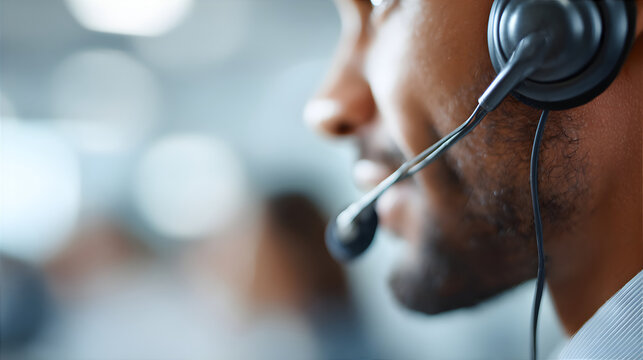 Close up of an african american man wearing a headset with a microphone. Call center worker providing customer service on an online call.