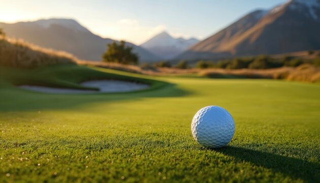 White golf ball rests on rich green grass near sand trap. Majestic Scottish Highlands provide serene backdrop with rolling hills and cloudy skies. Peaceful sporting scene, perfect for golf and travel.