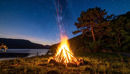 Bonfire under a starry night sky by a lake