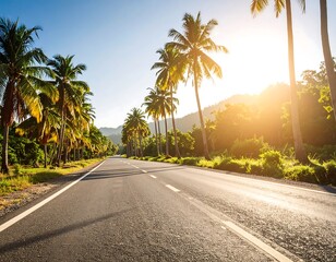 Sunny road through palm trees