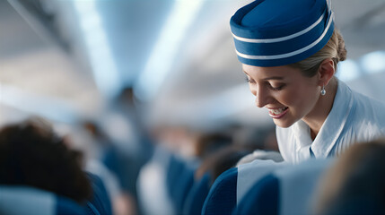 Woman flight attendant smiling while serving passengers on an airplane. Dedicated air hostess working on board during a flight.