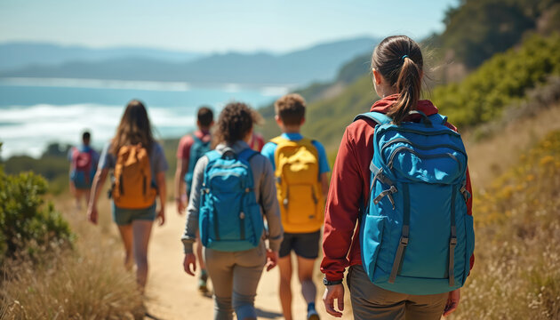 Group of high school students hike on coastal trail during field trip. Backpacking through nature, learning ecology, environment. Enjoying outdoor education, scenic mountain landscape, journey,