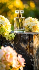 Perfume bottle on a stone platform, surrounded by flowers, in sunlight
