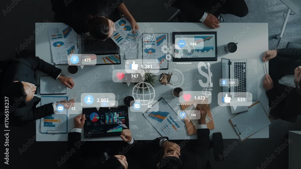 Poster A business team engages in collaborative discussions around a conference table, enhanced by digital data visualizations and social media interactions in a modern office environment. Raster