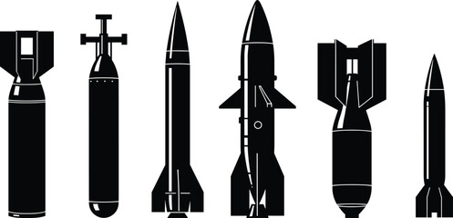 Military bombs and missiles silhouettes vector illustration, weapon and ammunition icon set, explosive ordnance design, defense and warfare equipment graphic clipart