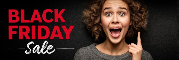 Excited young woman pointing to bold "Black Friday Sale" text for retail ads, shopping campaigns, and discount marketing, 3:1 promotional banner with black background and red typography