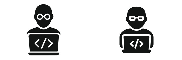 Two abstract figures working on laptops with code symbols, representing developers and programming careers in a modern workspace