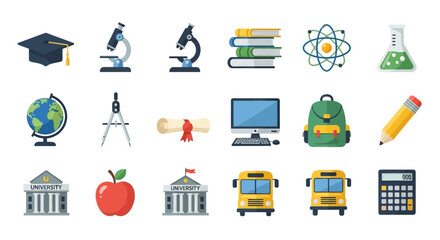 Obraz premium Collection of Colorful Flat School Icons Representing Education and Learning.