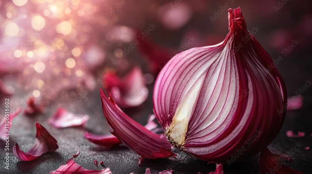 Poster close-up view of a sliced red onion.