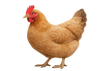 Buff orpington hen with distinctive golden plumage isolated on transparent background in full-body profile