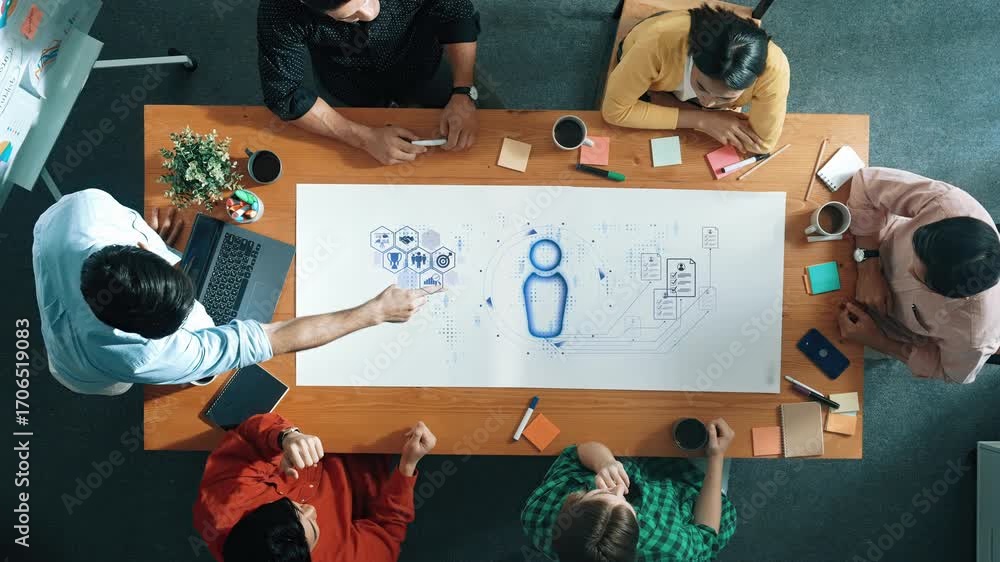 Poster an aerial view of a diverse team engaged in a collaborative meeting, discussing project ideas and an