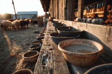 Naklejka premium Farmer checks troughs and waterers for livestock in the morning light on a practical farm