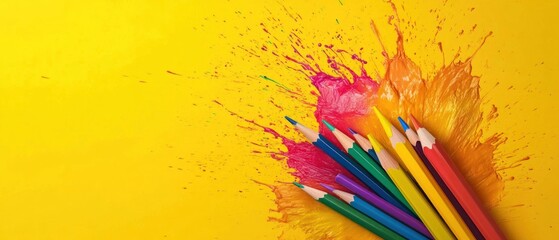Colorful pencils and paint splatter on yellow background