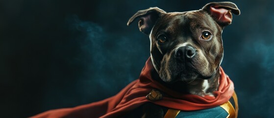 Dark brown dog in superhero cape dramatic portrait