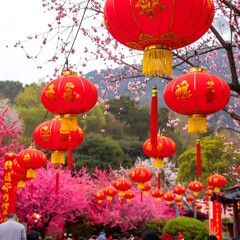 Festive red lanterns amidst blossoming cherry trees