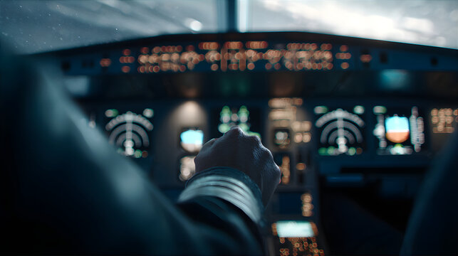 Pilot hand on airplane controls with cockpit blurred in background at night. Aviation career concept for flight training and travel.